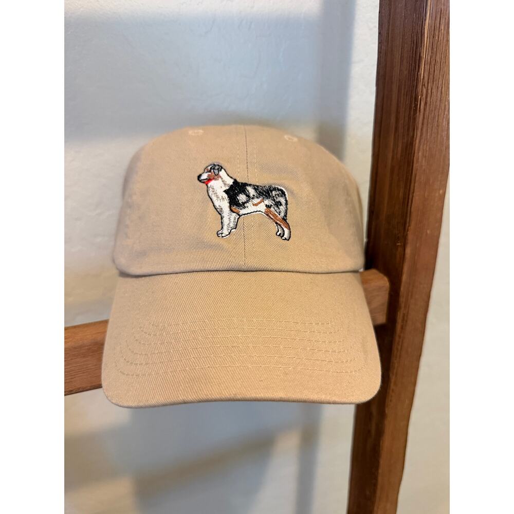 Australian Shepherd Dog Embroidered Hat Tan Adjustable Strapback Cap NWT